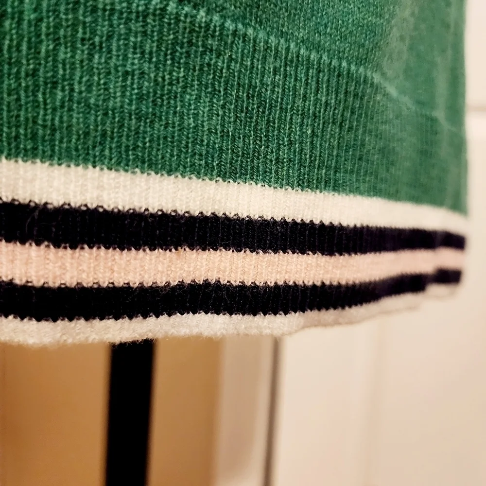 Old Navy Green Crewneck Sweater Varsity Striped Hems Women's Large L Spring EUC - Picture 5 of 7